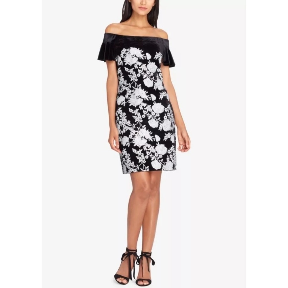 TAHARI ASL ARTHUR S. LEVINE Sz 12 Sequined Stretch Velvet Off The Shoulder Dress